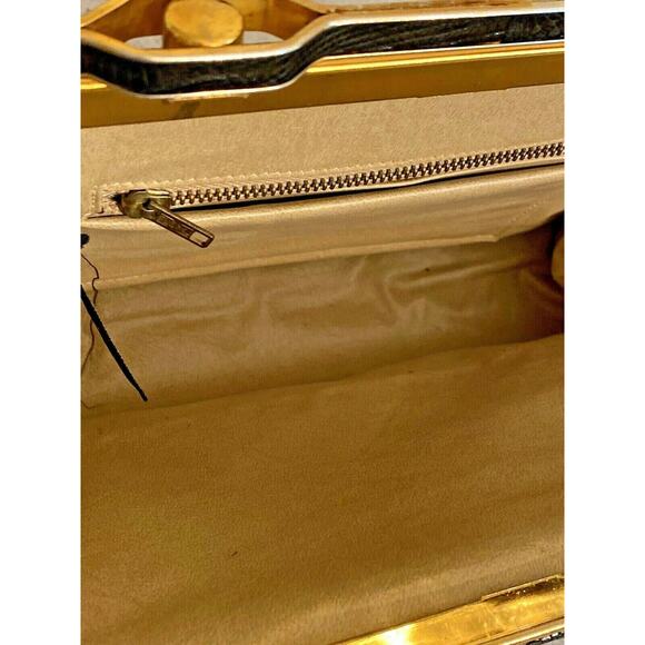 Vintage Mid Century Top Handle Purse Black / Brown Lizard Skin Textured Leather - Picture 10 of 10